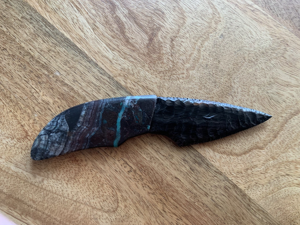 Custom Stone Knife. Obsidian Blade and Chrysocolla and Turquoise Handle