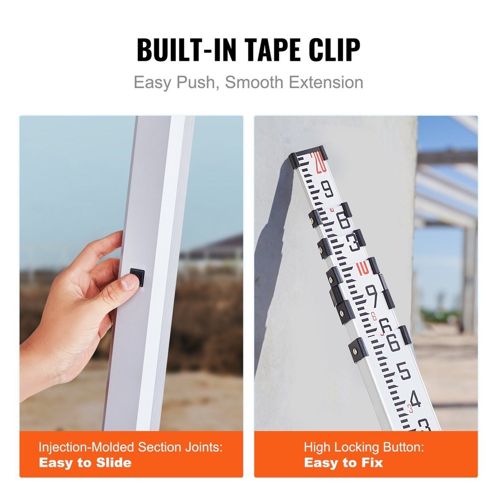 20ft Height Adjustable Leveling Rod Telescopic Sections 1/10ft Calibration