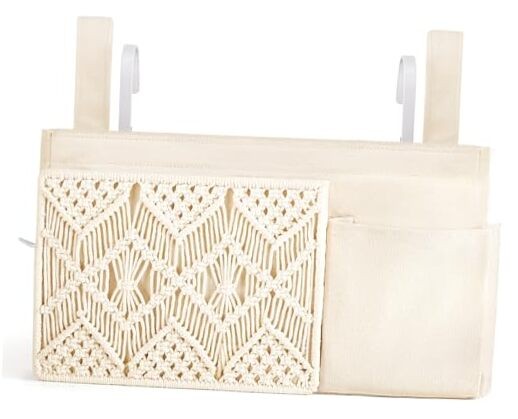 Bedside Caddy Hanging Organizer, Boho Macrame Storage with Fixed Straps and