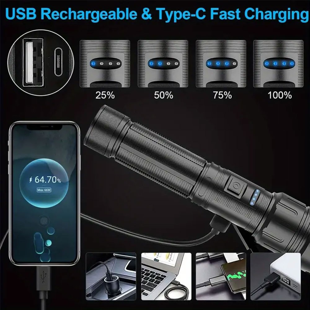 Super Bright LED Flashlight Zoomable Torch USB Rechargeable COB Side Soft Light