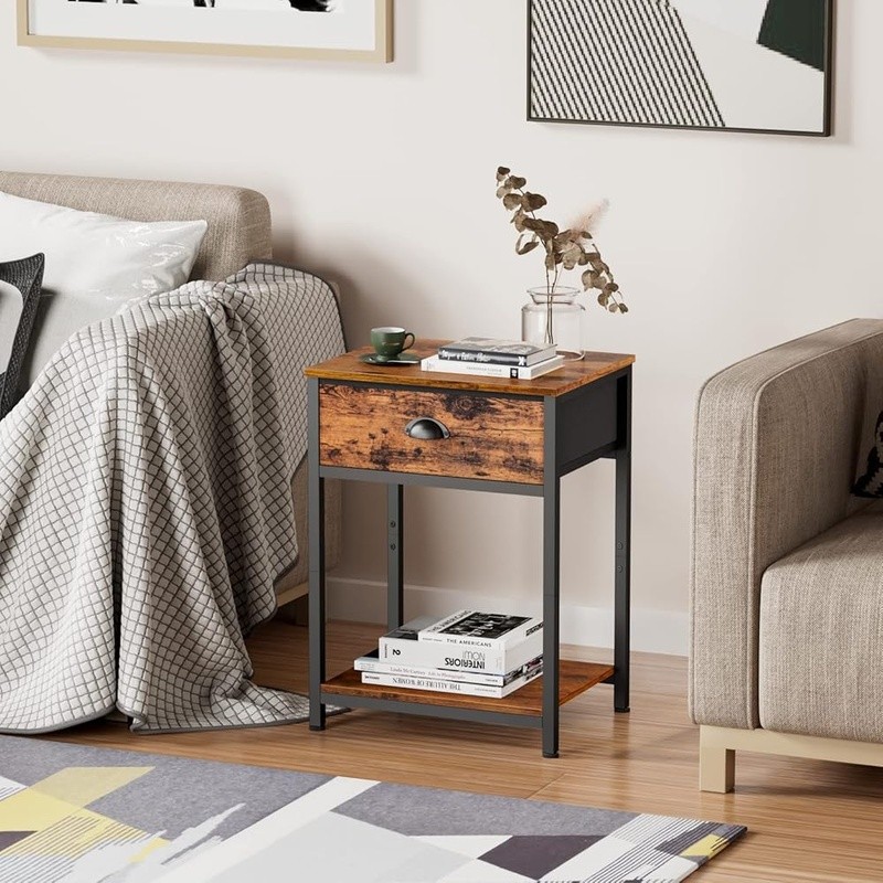 Multi-functional Nightstand W/ Fabric Drawer & Open Shelves Sturdy Side Table US