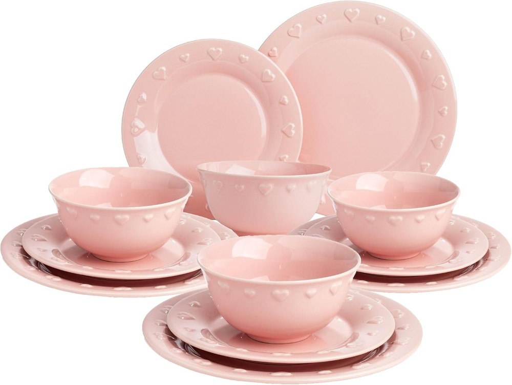 Ceramic Stoneware 12-Piece Dinnerware Set, Embossed Hearts. Iconic