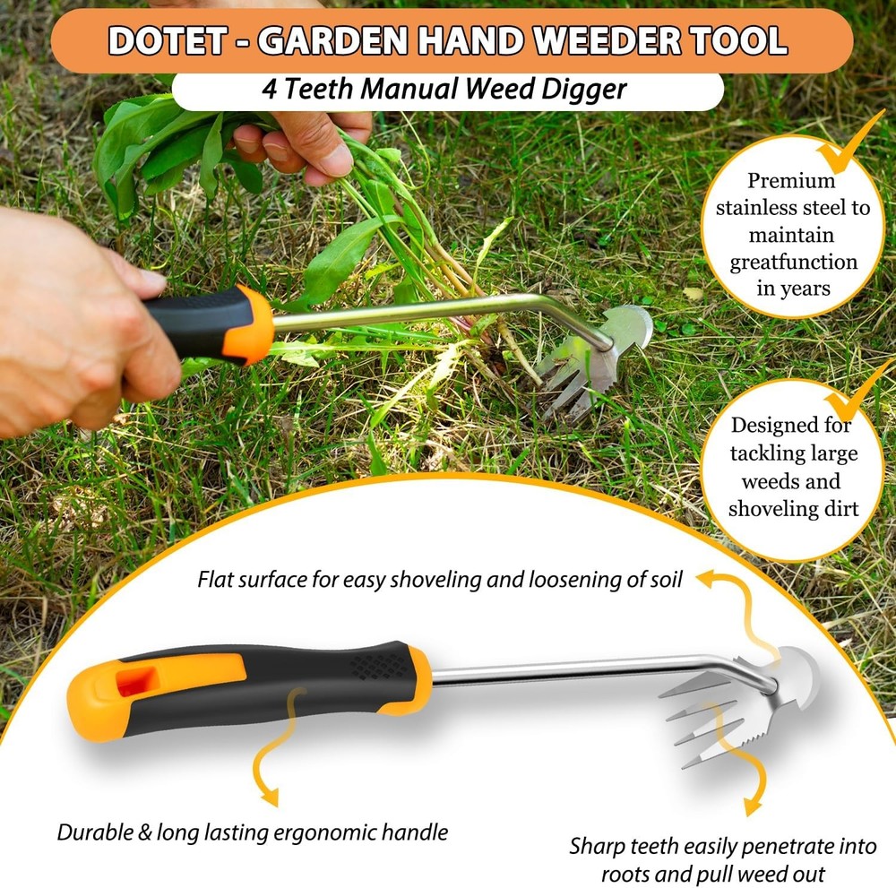 Uprooting Weeding Tool - Hand Held Weeder Puller Tool, Rubber Handle, 4 Teeth We