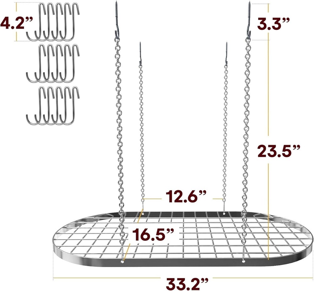 Hanging Pot Rack - Ceiling Mount Kitchen Organizer for Pots and Pans with 15 Hoo