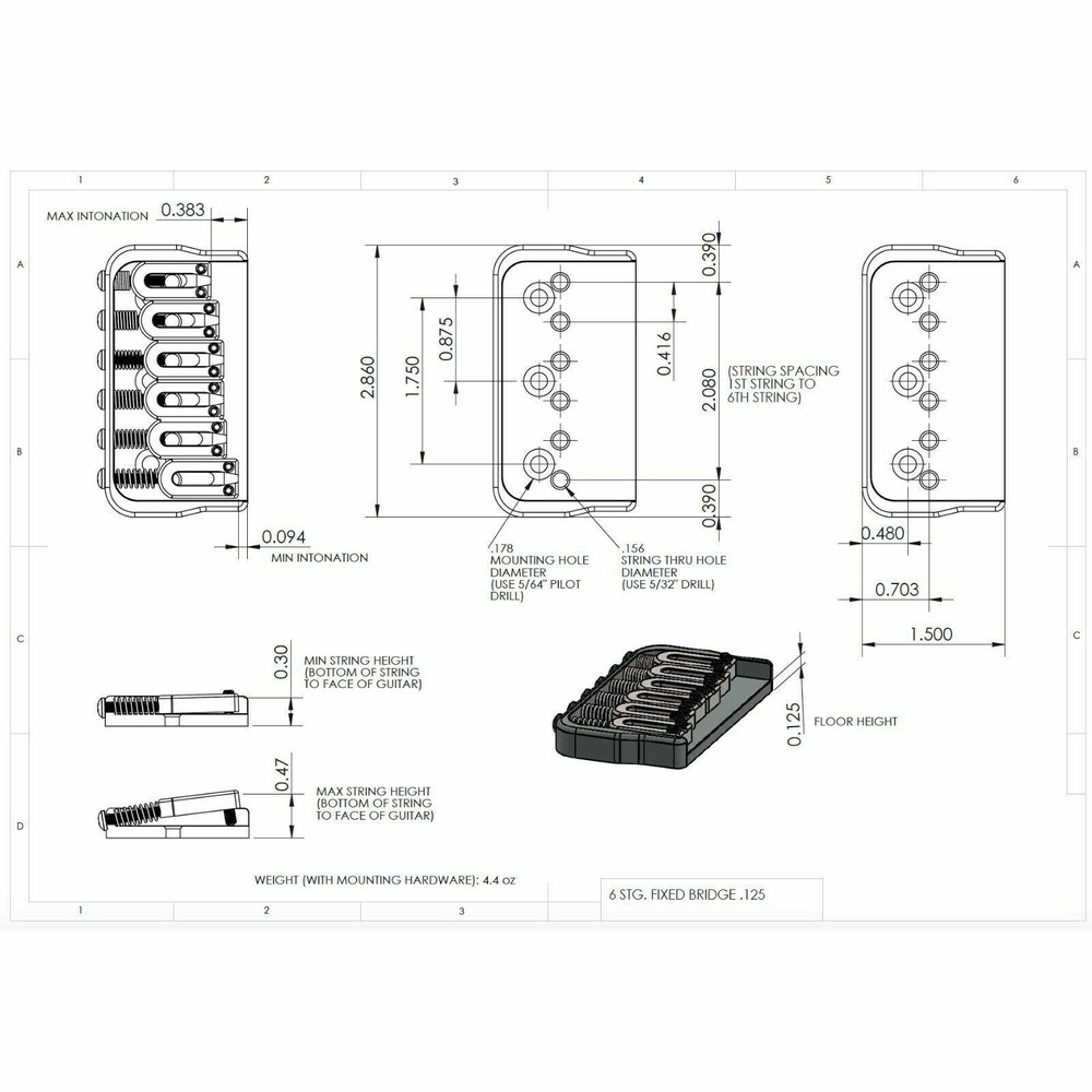 GB-WO6-B Black Hardtail 6 String Fixed Guitar Bridge