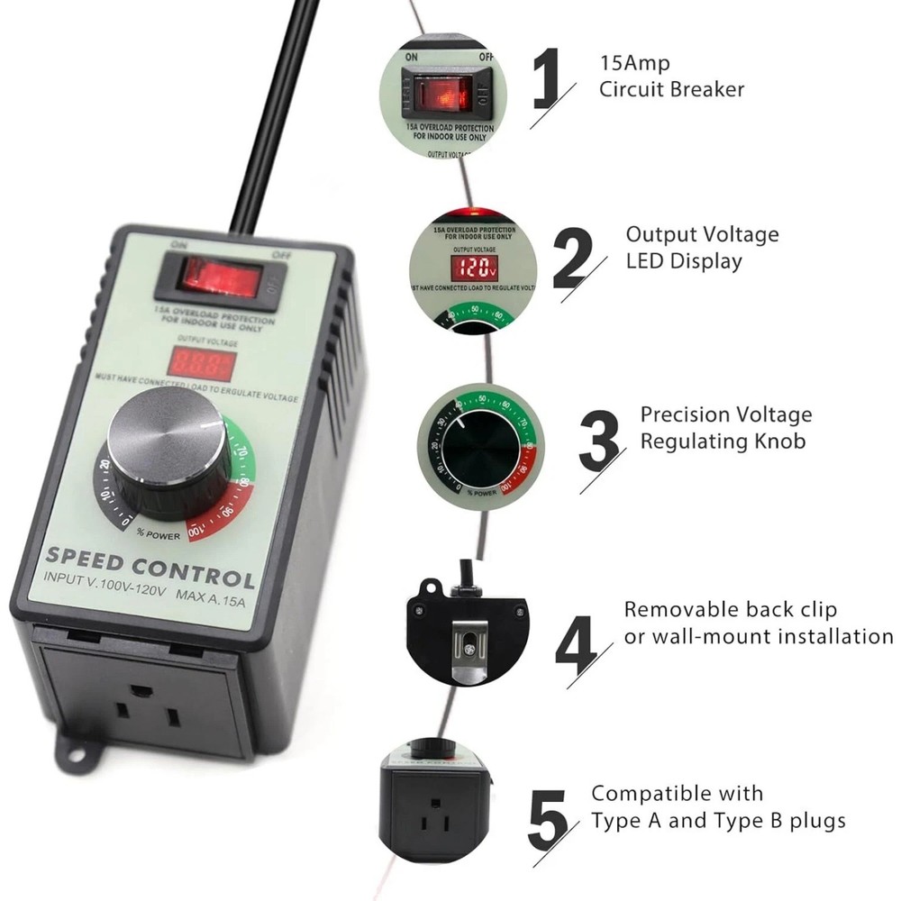 AC Motor Speed Controller 120V 2000W Resistive Load for Kettles and Heaters