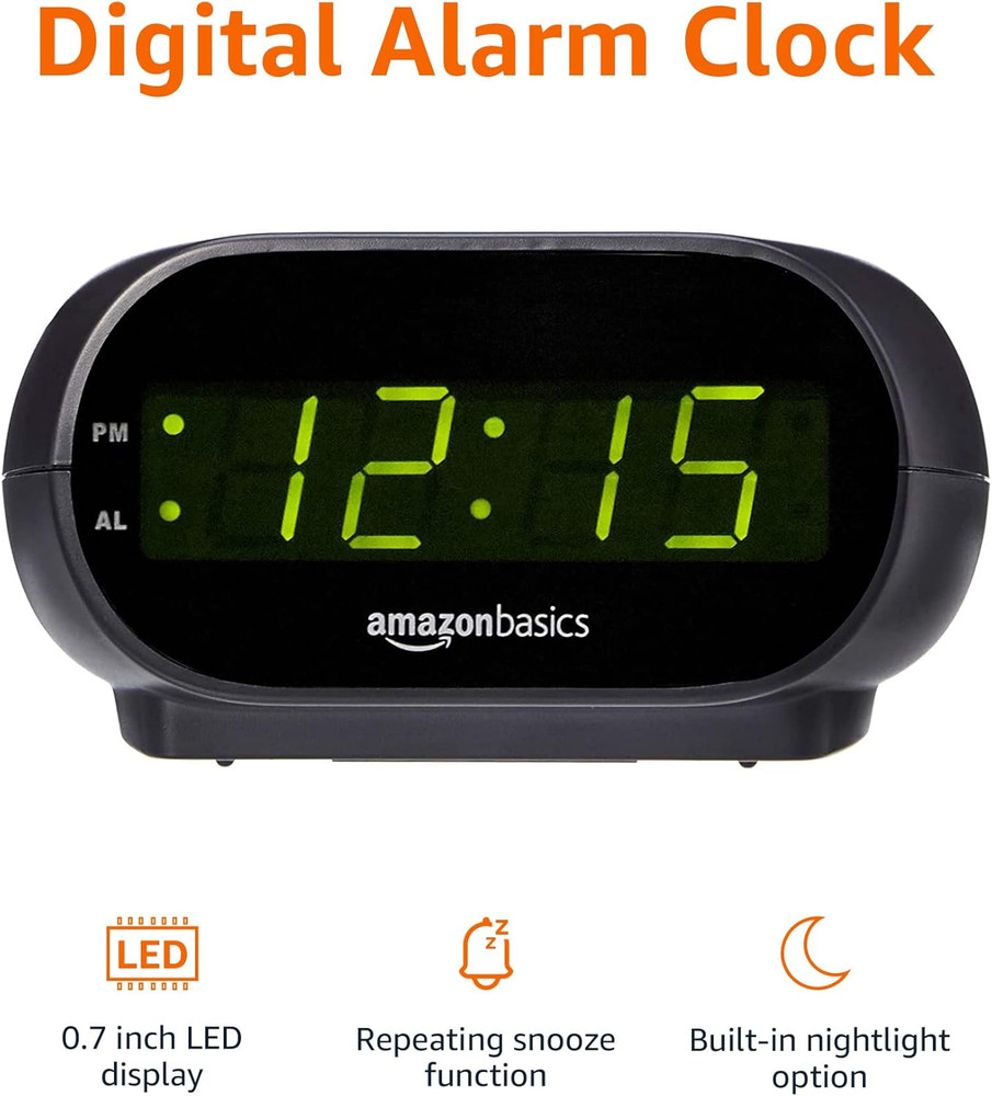 Amazon Basics Small Digital Oval Alarm Clock with LED Display, Nightlight, Snooz