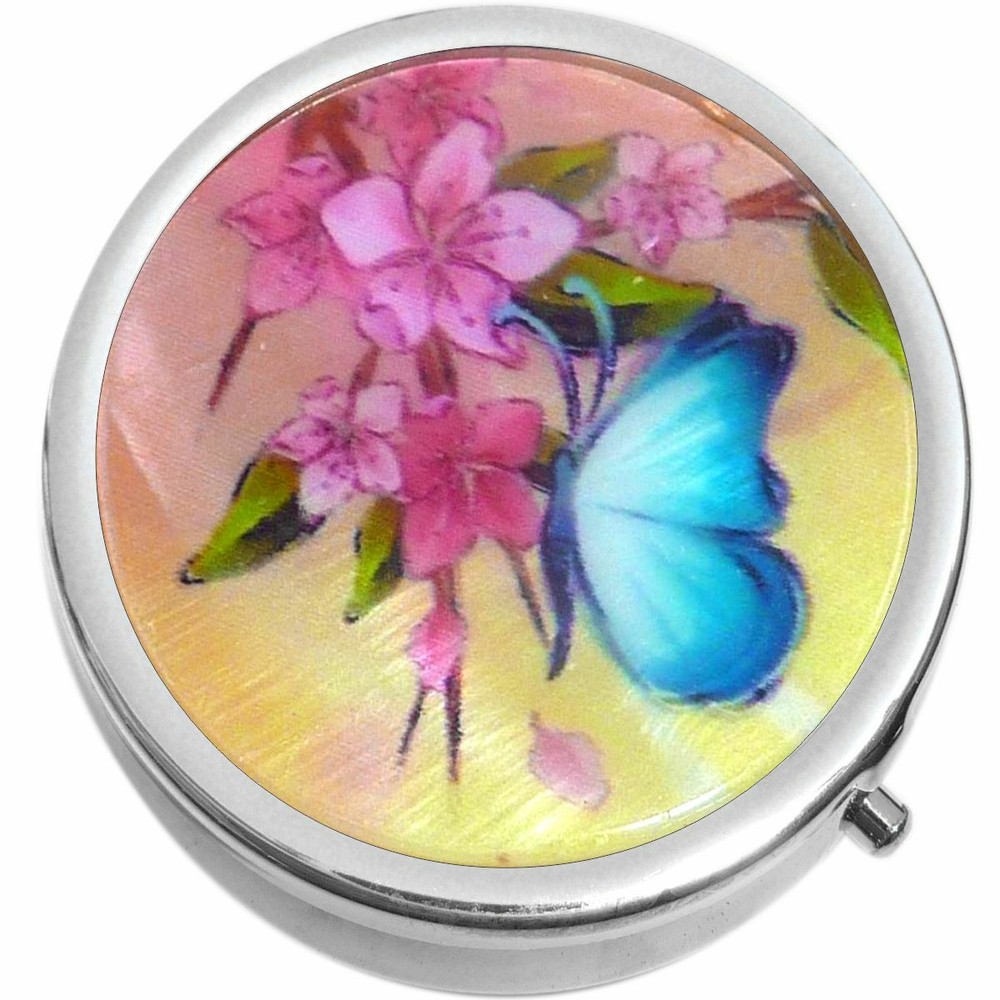 Blue Butterfly On Flower  Medicine Pill Box