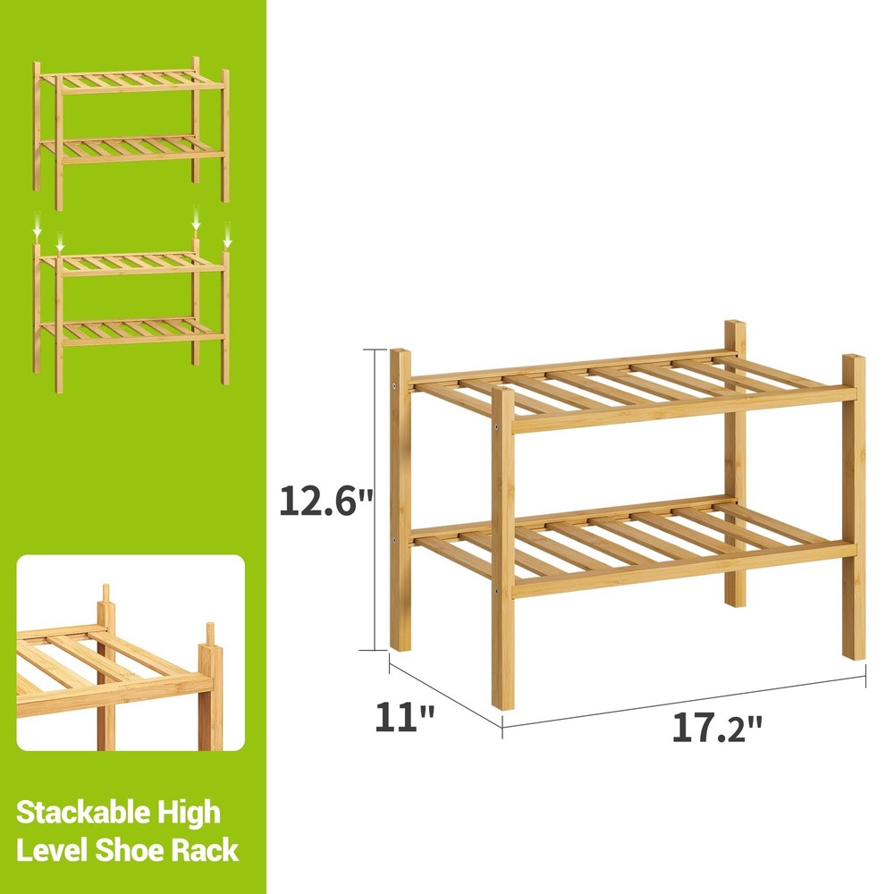 2-Tier Bamboo Small Shoe Rack Premium Stackable Shoe Shelf Storage Organizer ...