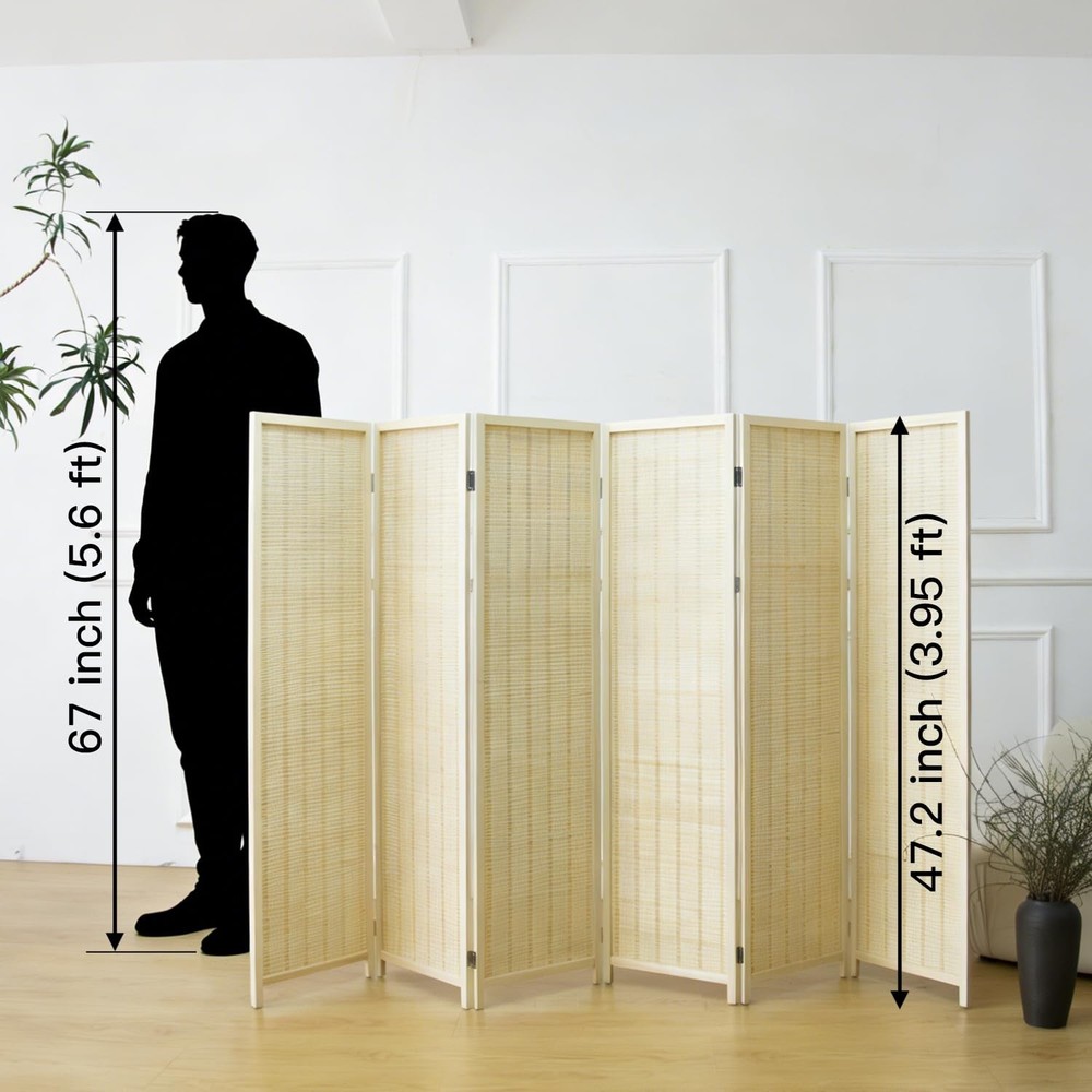 6 Panel Short Room Divider Screen,Beige Freestanding Partition,Small Bamboo P...