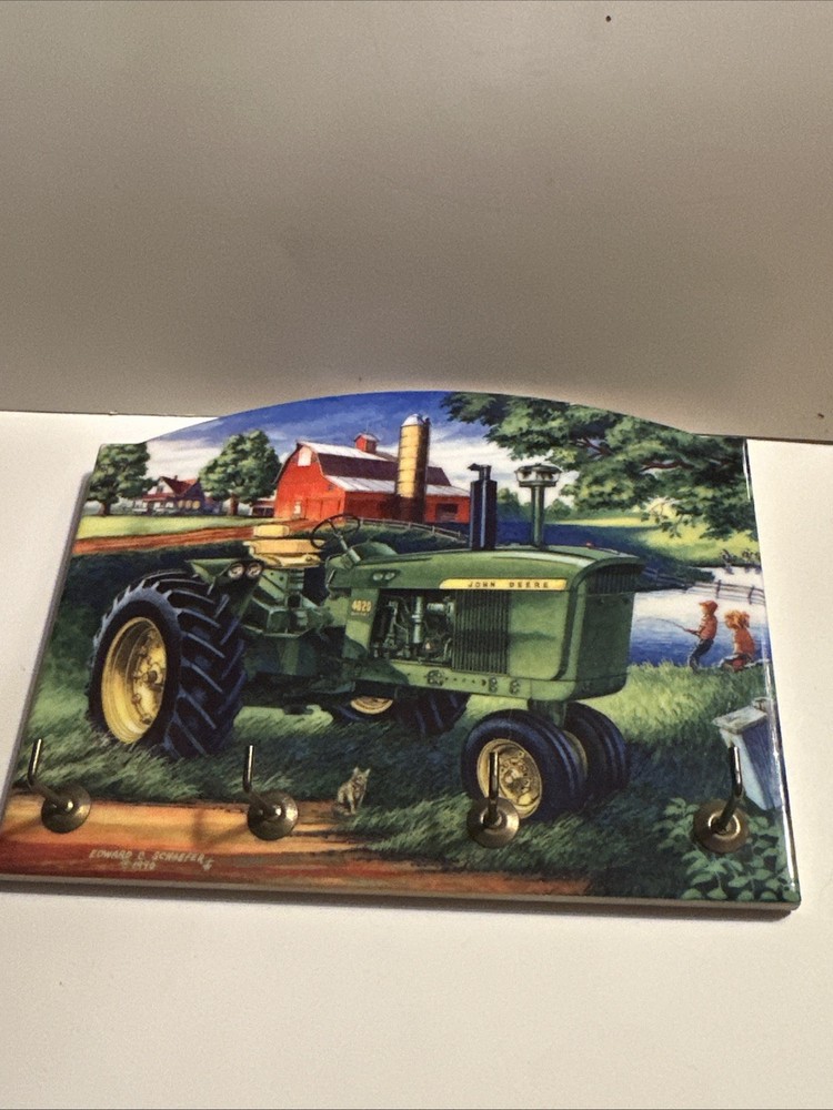 John Deere Tractor Tile 4 Key Holder Wall Hanging, Signed Edward C Schaefer 1996