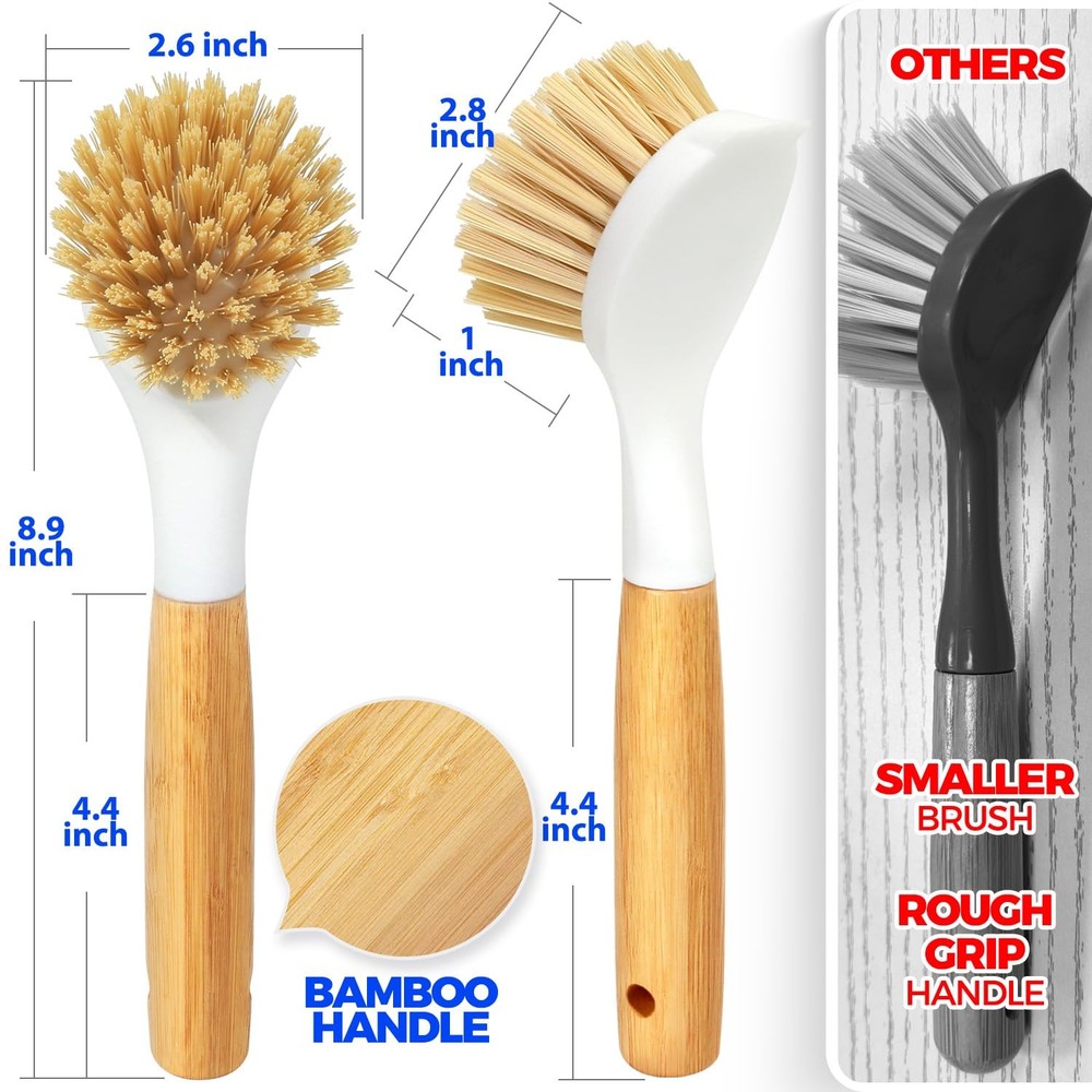 Holikme 3 Pack Dish Brush Set with Bamboo Handle, Kitchen Brushes for White