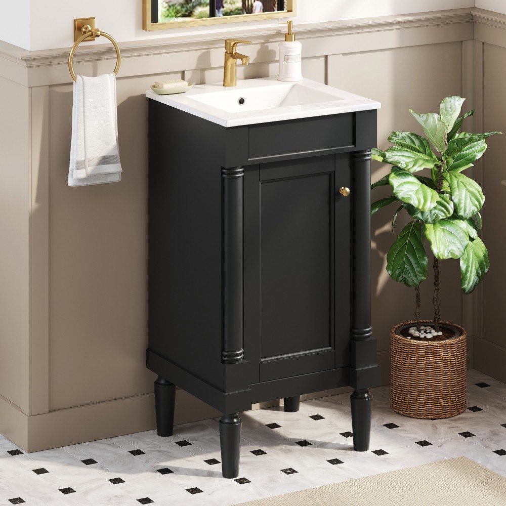 French Bathroom Vanity with Ceramic Sink & Soft-Closing Doors, Black