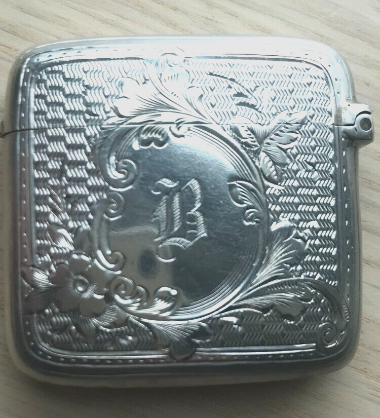 H/marked silver antique engraved & engine turned 1 1/4” square vesta box 24.5gr