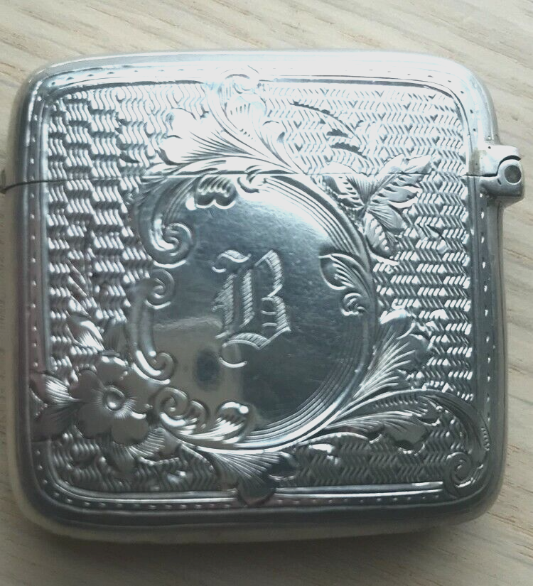 H/marked silver antique engraved & engine turned 1 1/4” square vesta box 24.5gr