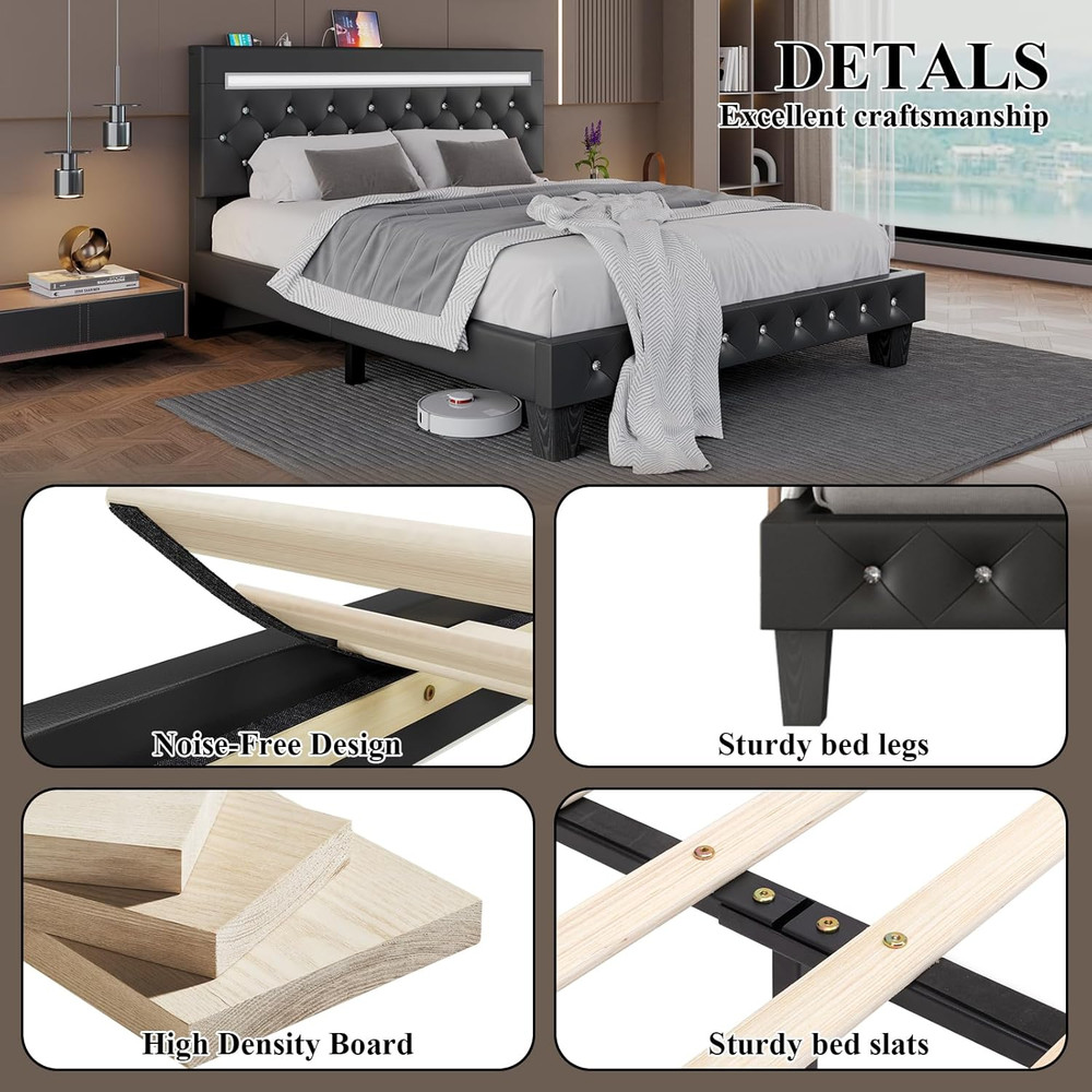 Full Size Bed Frame with LED Lights, Upholstered Platform Bed Frame, Faux Leathe