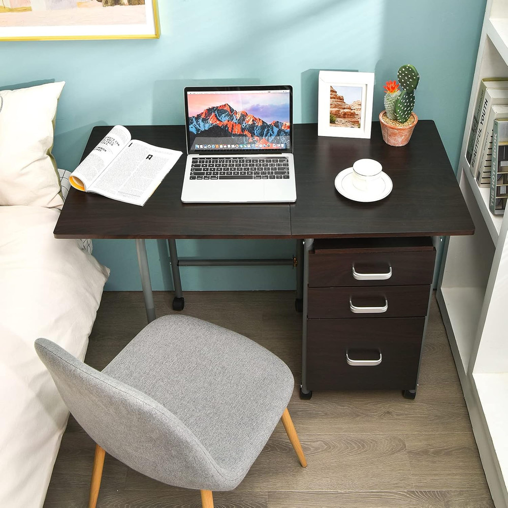 Folding Computer Desk with 3 Storage Drawers, Mobile Home Office Desk Study Writ