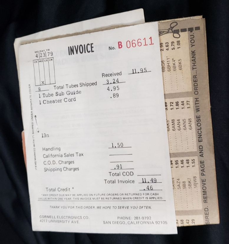 Cornell Electronics Company Mail Order Catalog / Invoice / Price Lists