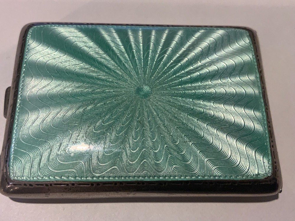 Solid Sterling Silver Art Deco Green Guilloche Enamel Vesta