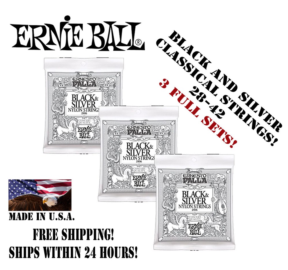 **3 SETS ERNIE BALL BLACK AND SILVER NYLON CLASSICAL GUITAR STRINGS 2406**