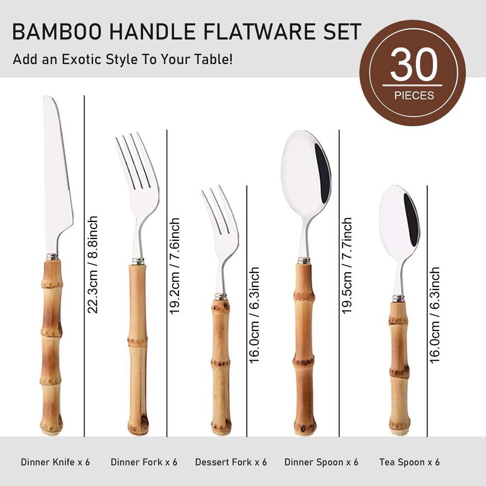 Bamboo Handle Silverware Set 30 Pcs Set for 6 Stainless Steel Flatware Set