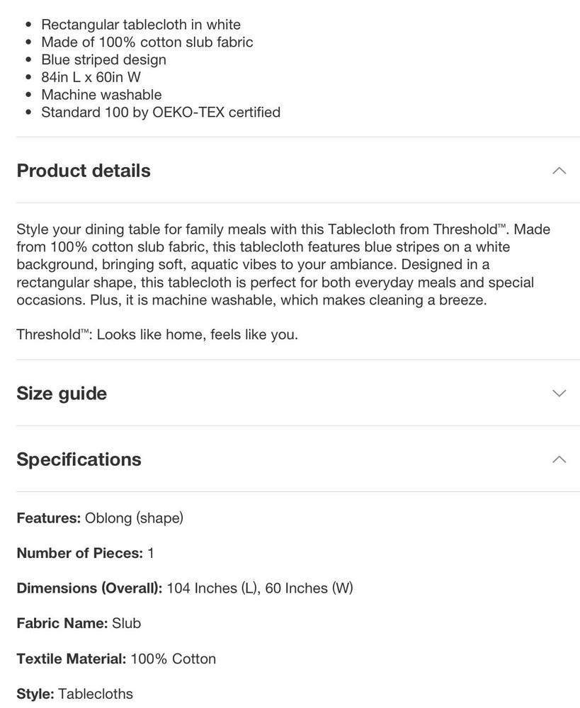 🥥 Threshold Rectangular Coastal Tablecloth Blue Striped 60” x 104”🆕