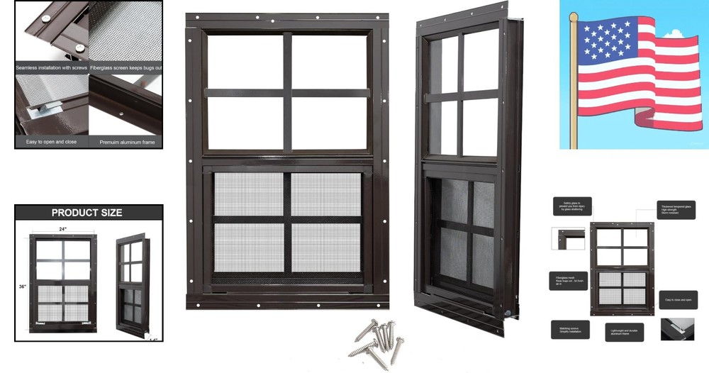 2 Pack Shed Windows with Black Frame, 24x36 Flush Mount Small Window with Tem...
