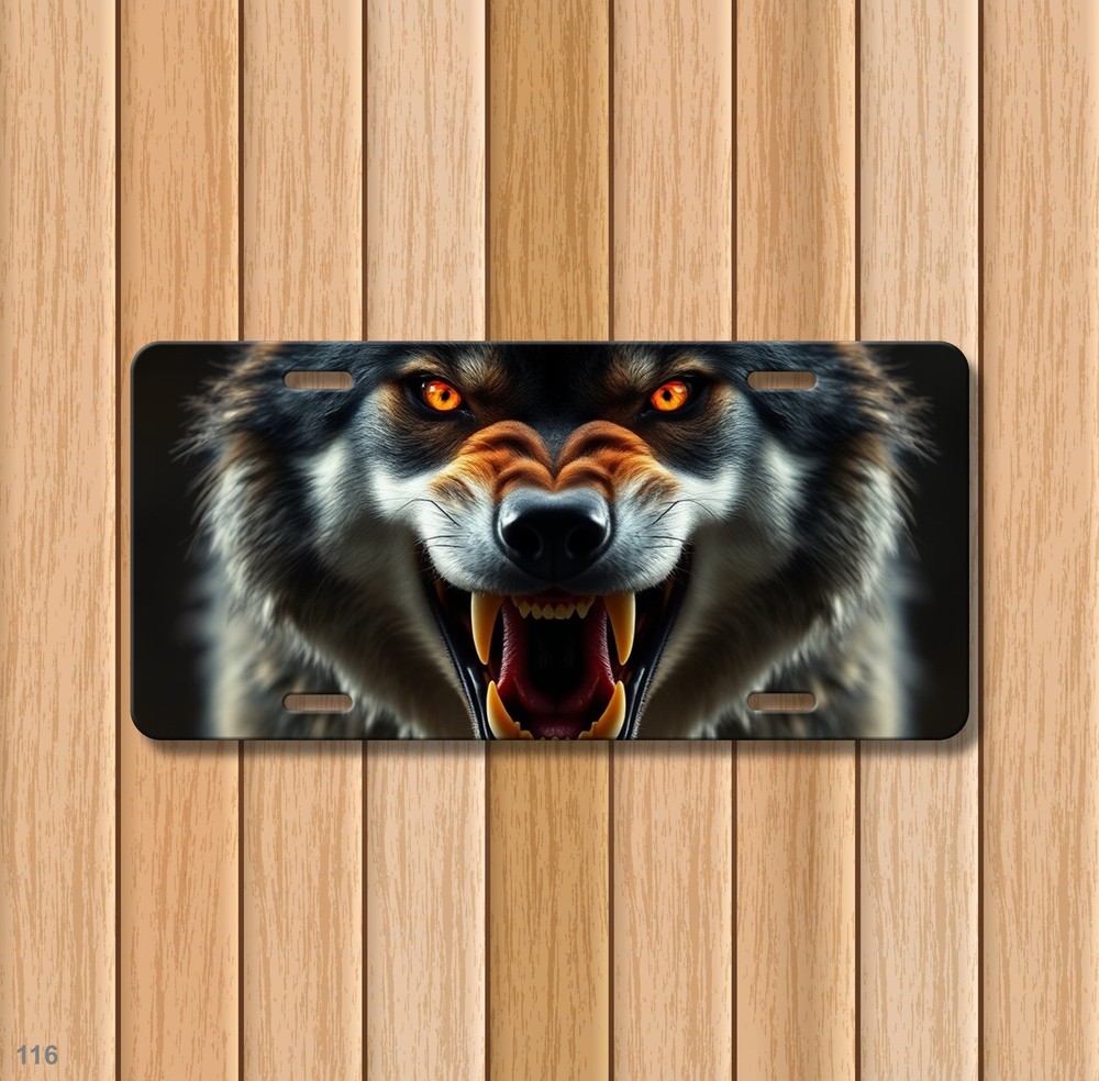 Realistic Wolf License Plate with Sharp Teeth Your Text Universal Fit Plate Holi