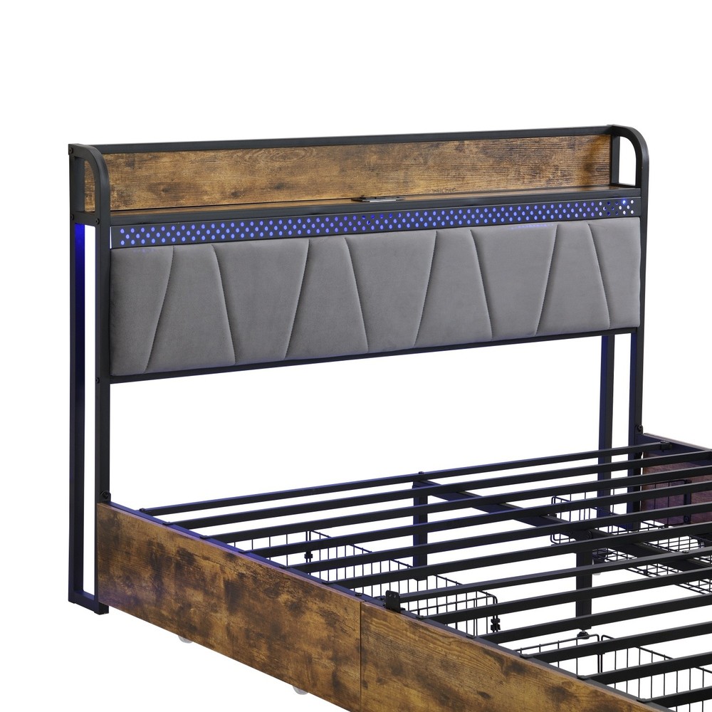 Full/Queen Size Platform Bed Frame w/ 4 Drawer & Storage Headboard & LED Lights