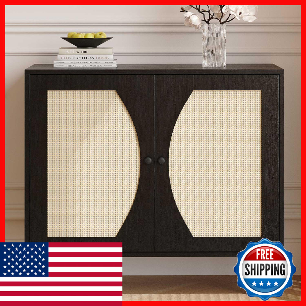 4ever2buy Rattan Buffet Cabinet Black Sideboard Console Table w/Storage