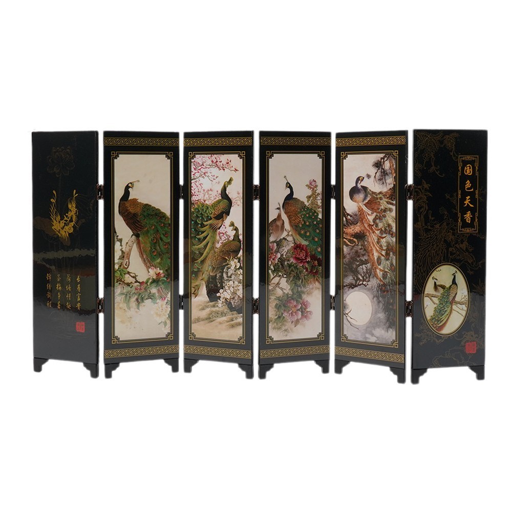 Suitable Screen Peacock Wood 6-Panel Divider Folding Ornament Partition