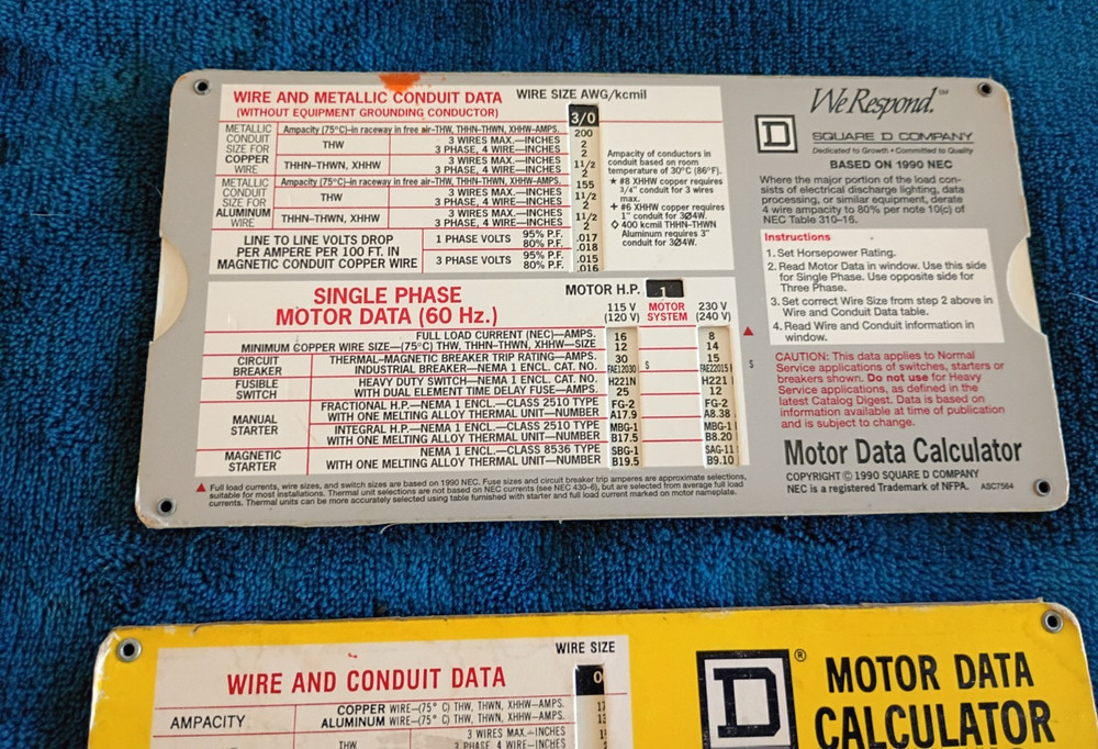2- Vintage Square D Motor Data Calculators 1987 and 1990.