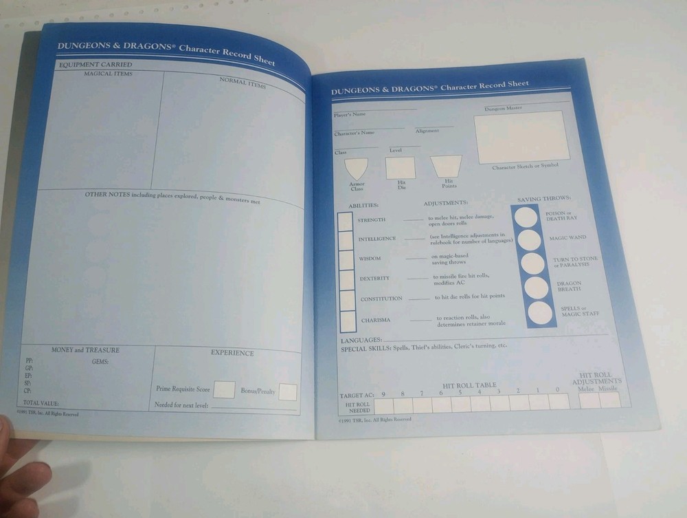D&D DDREF1 Character Sheets TSR 9308 Dungeons And Dragons