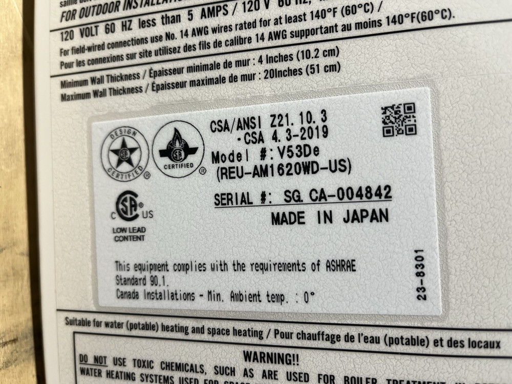 Rinnai V53DeN Outdoor Tankless Water Heater 120k BTU Natural Gas (B-23 #1548)