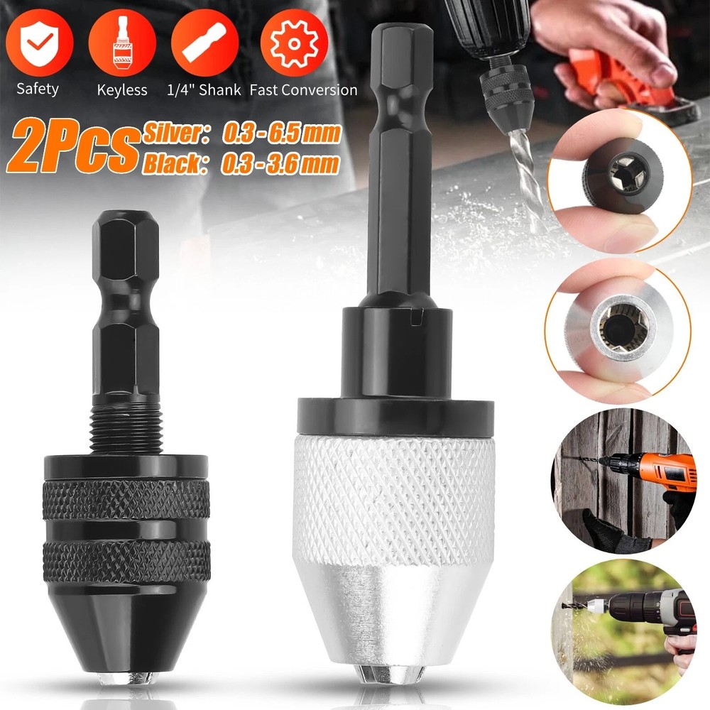 2x 1/4" Hex Shank Keyless Drill Bit Quick Change Driver Chuck Conversion Adapter