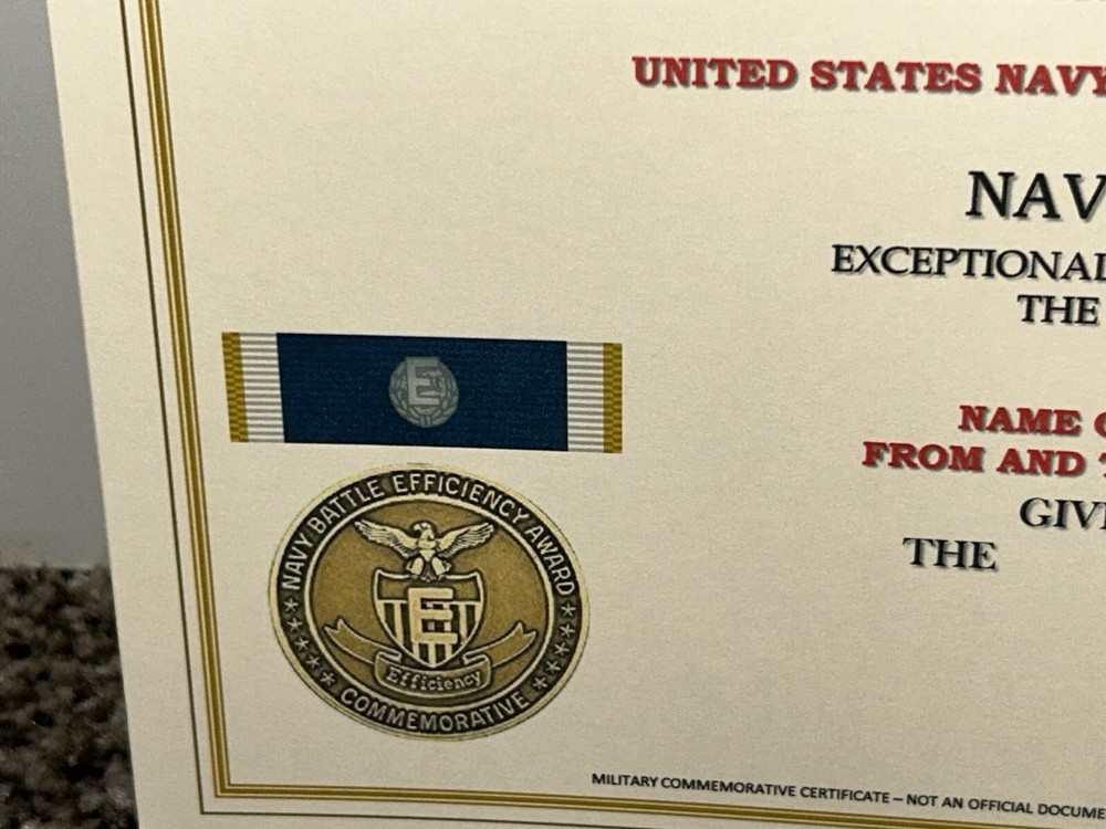 NAVY BATTLE E CITATION~4TH AWARD COMMEMORATIVE CERTIFICATE ~ TYPE-2 / W/PRINTING