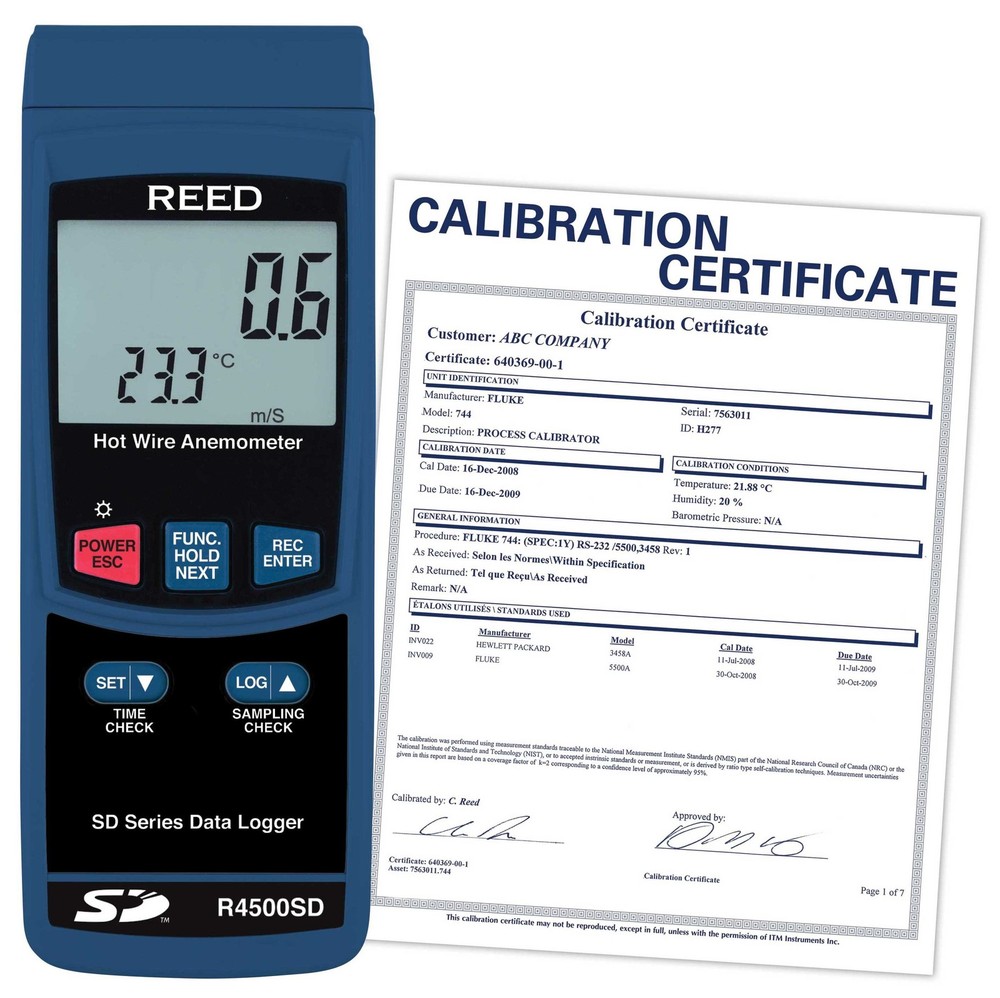 REED Instruments R4500SD-NIST  Data Logging Hot Wire Thermo-Anemometer,