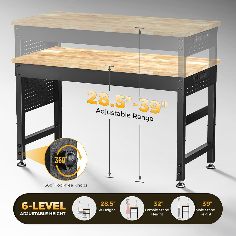 47.64" Adjustable Heavy Duty Workbench, 2000 LBS Load Capacity Rubber Wood Work
