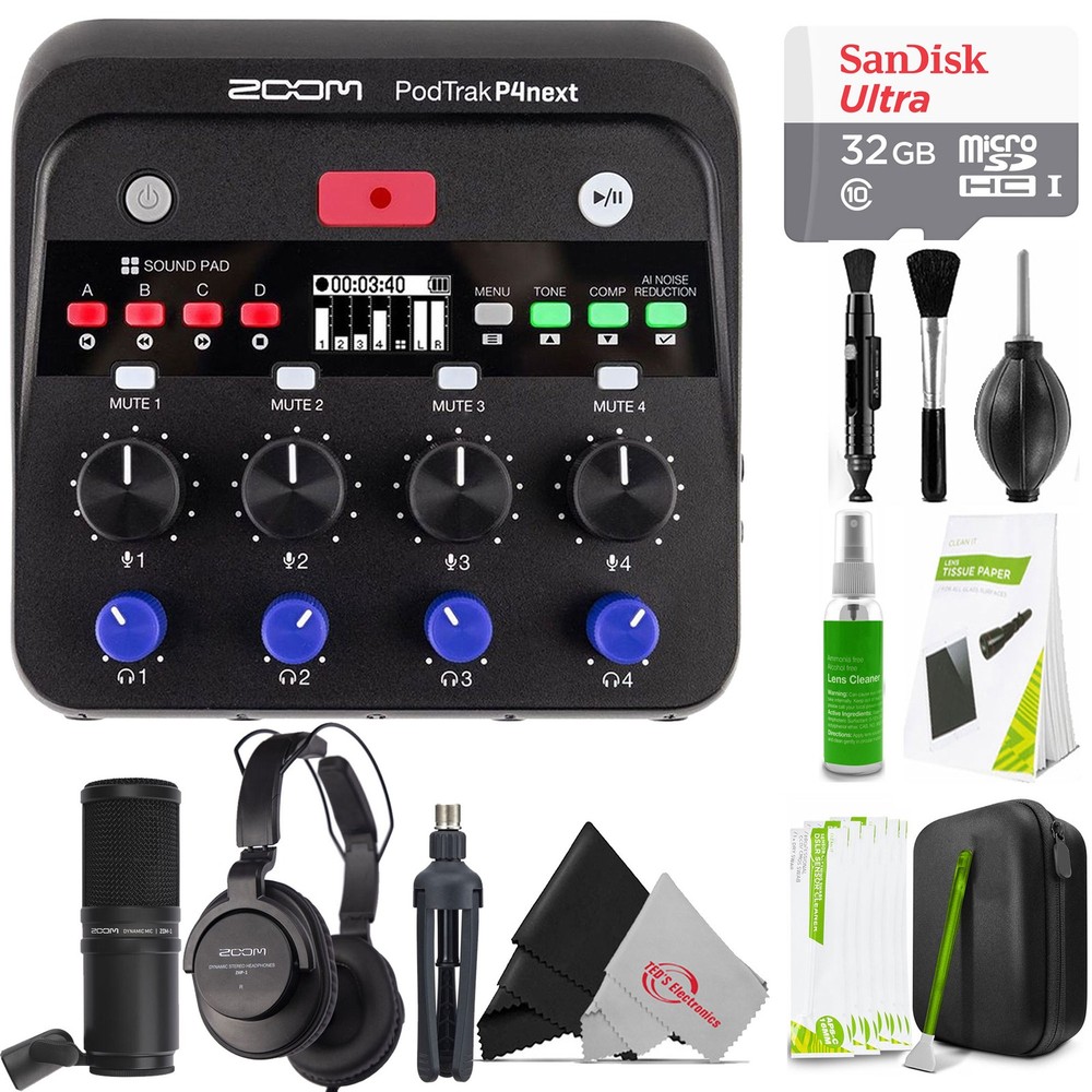 Zoom PodTrak P4next Multitrack Recorder + ZDM-1 Microphone and Headset Bundle