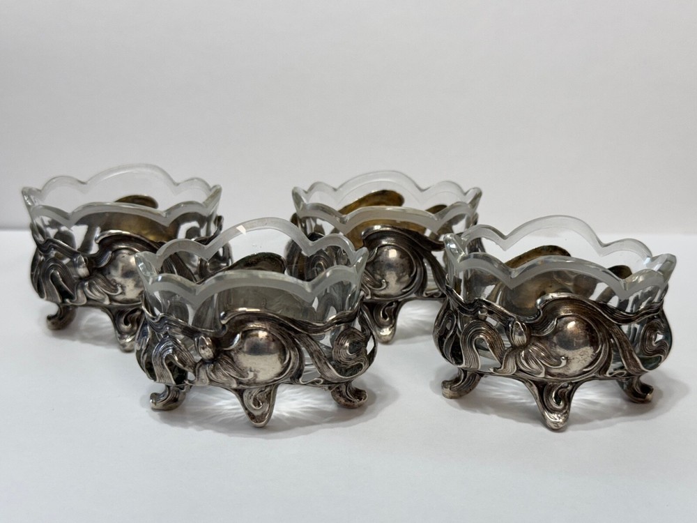 4 Antique 800 Silver with Glass Inserts Salts William T Binder WTB Germany