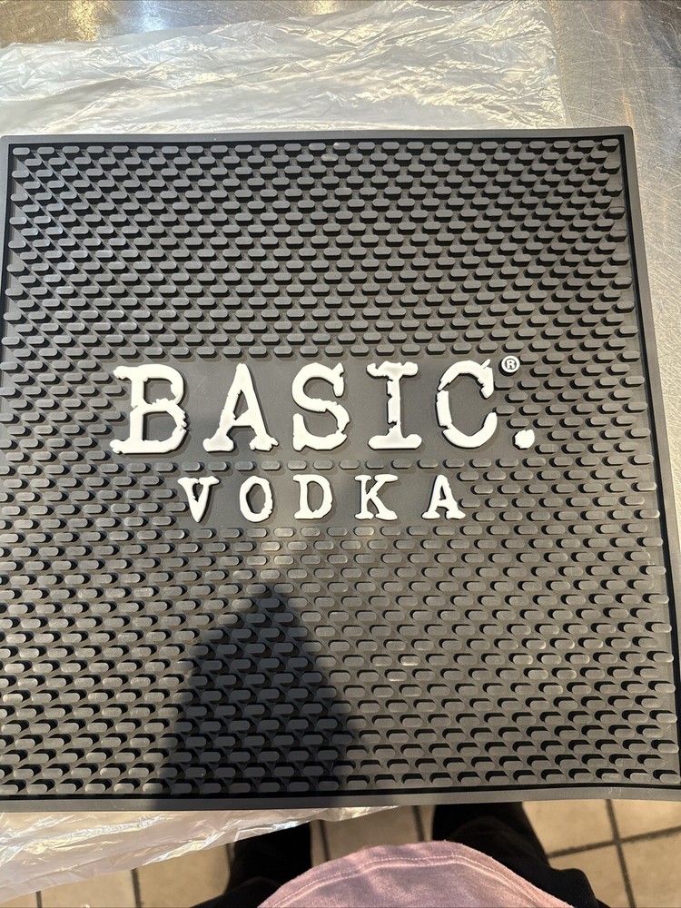 BASIC Vodka 14” X 14” Black White Rubber Bar Mat Rail NEW In Plastic