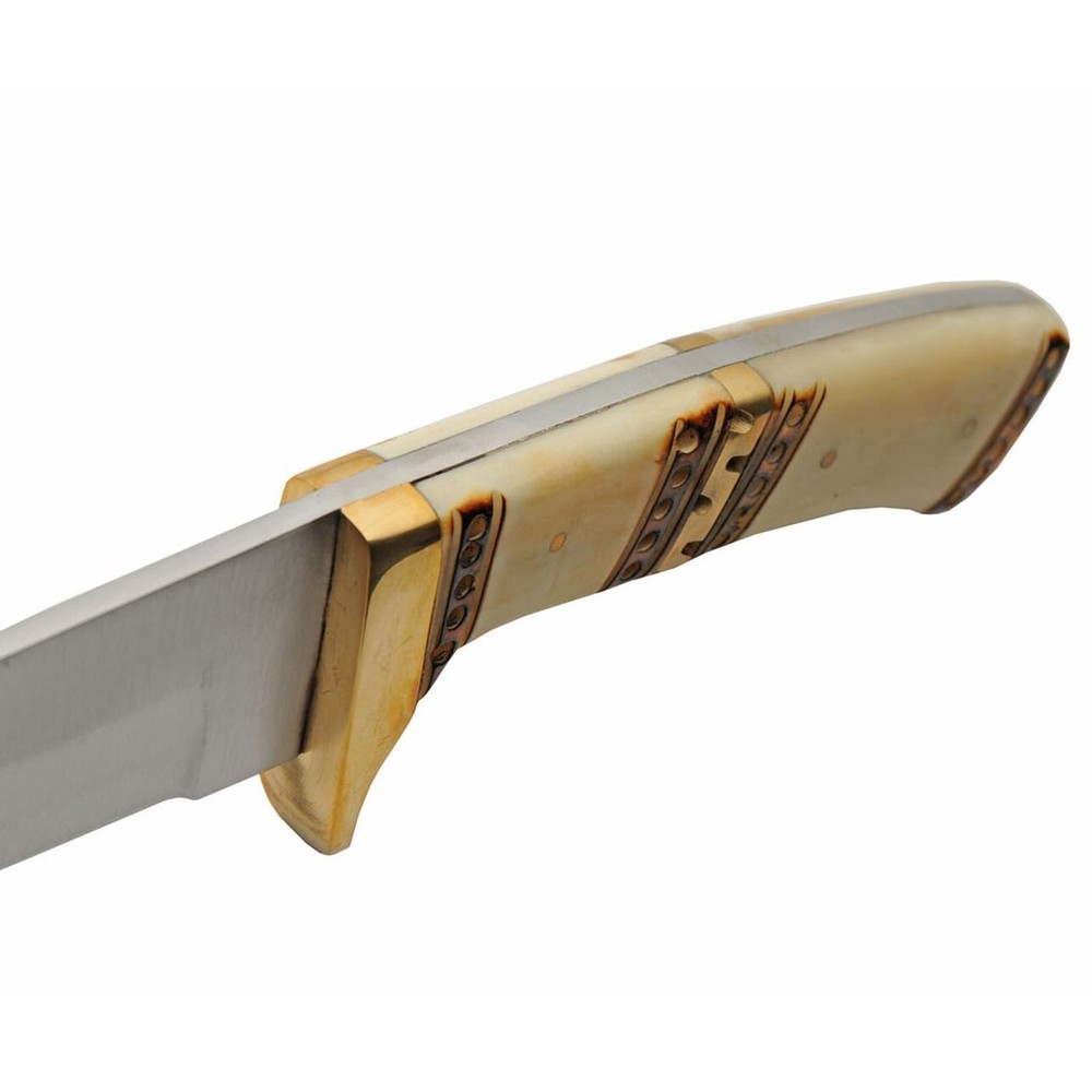 Hunting Knife Stainless Blade Drop Blade Bone/Brass Handle Leather Sheath | 9in.
