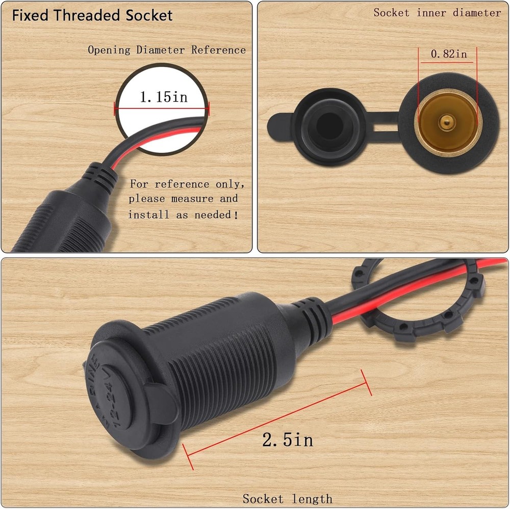 2pcs 1FT 12V/24V Fixed Thread Cigarette Lighter Socket Extension Cable Automo...