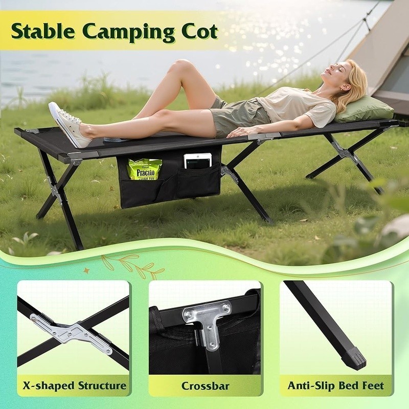Portable Camping Cot Lightweight Foldable Bed W/ Side Pocket Quick Setup New