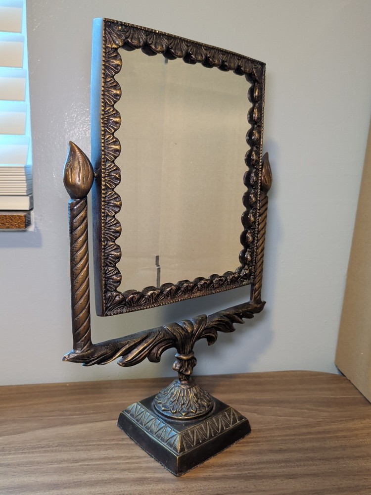 Antique Solid Cast Bronze Vanity Mirror Art Deco Tabletop 17.5” Heavy