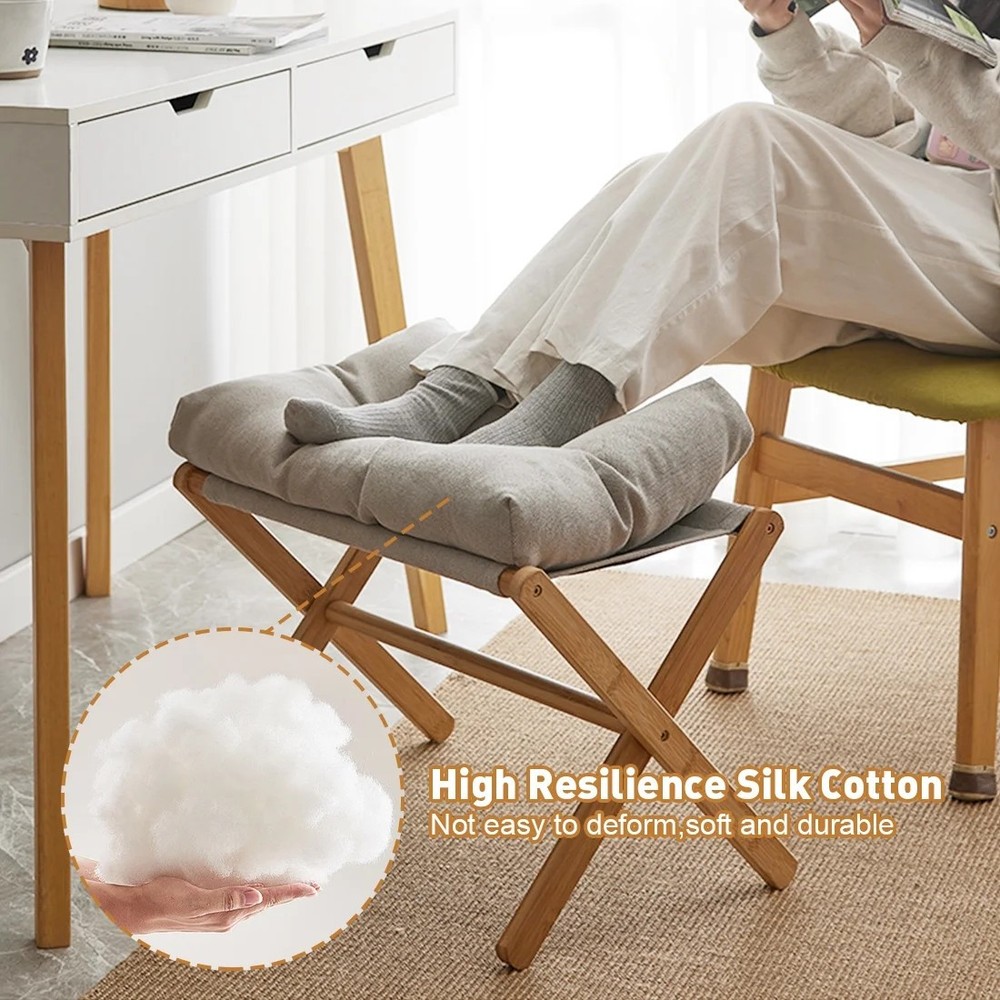 Folding Footrest Stool, Small Portable Bamboo Accent Ottoman, Footstool