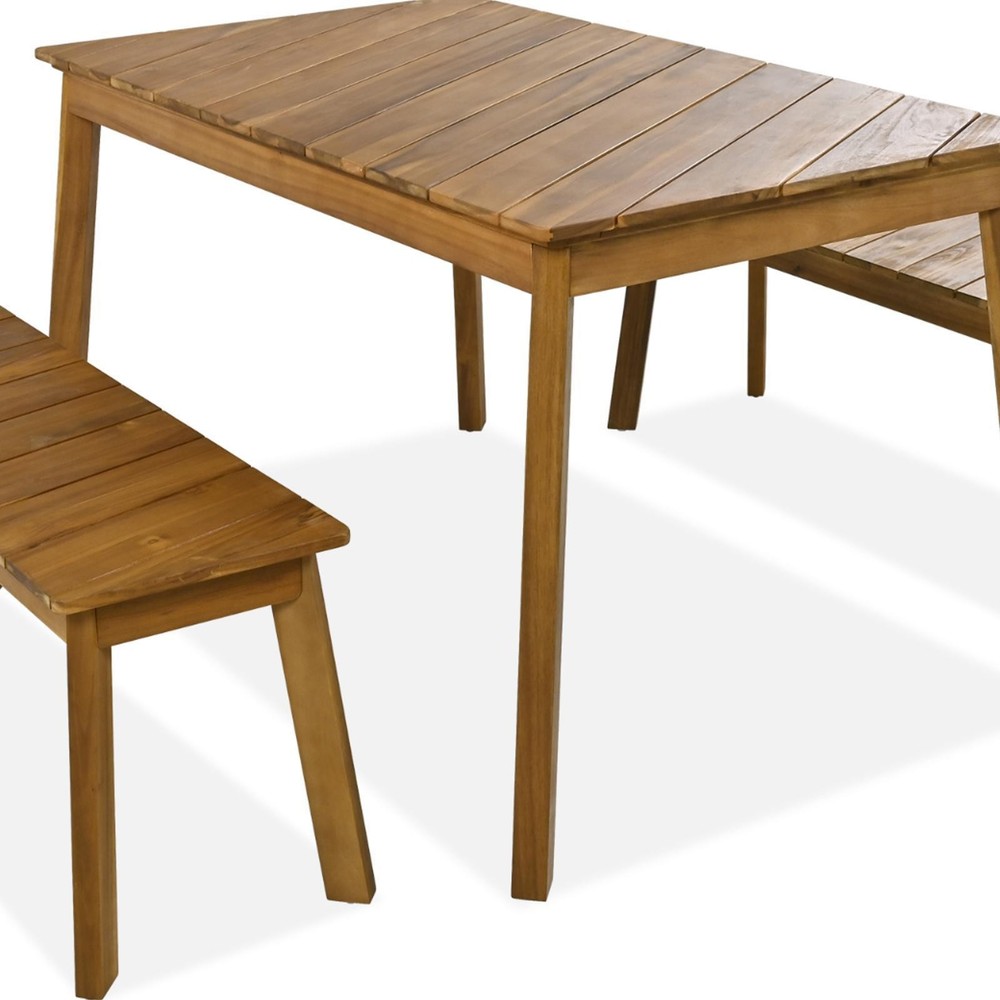 GO Acacia Wood Dining Set: 3-Piece Table & Bench with Adjustable Stability