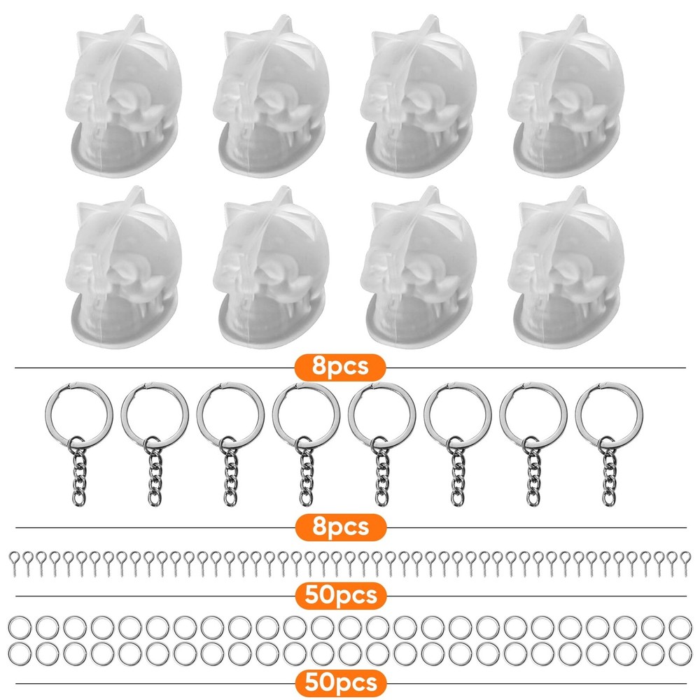 Resin Skull Molds, 8 PCS Flexible Clear Silicone Molds with Key Ring Accessory,