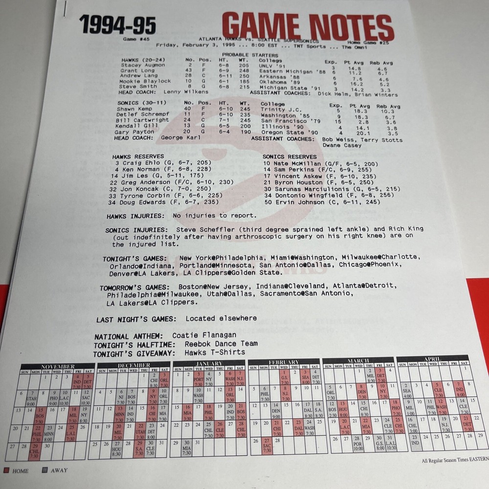Atlanta Hawks Game Program February 3, 1995 Vs Seattle SuperSonics