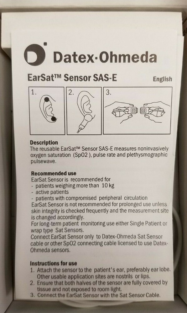 (N) Datex Ohmeda / EarSat Sensor ref: SAS-E / Cable length 1m/3ft (C19)